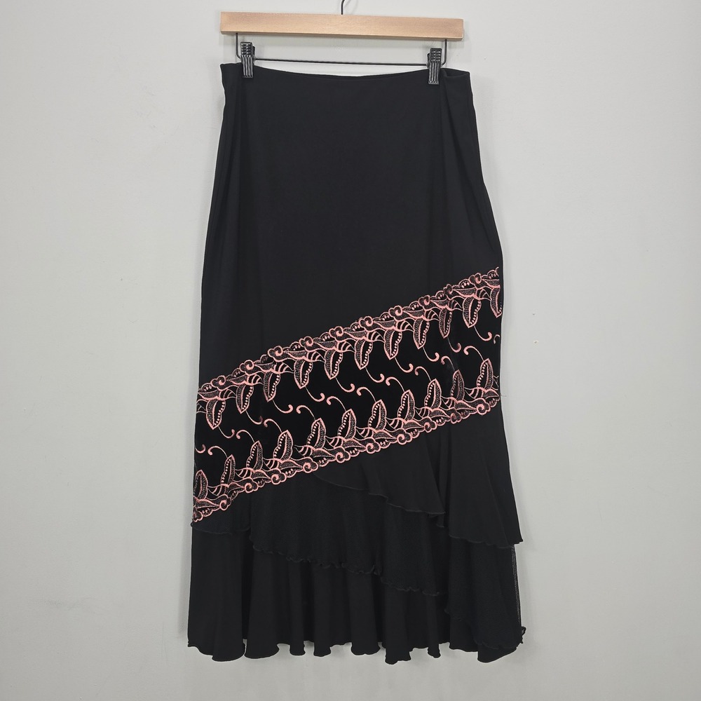 Vtg Y2k Maxi Skirt 16 Velvet Embroidered Ruffle‎ Tiered Fairy Grunge Whimsigoth